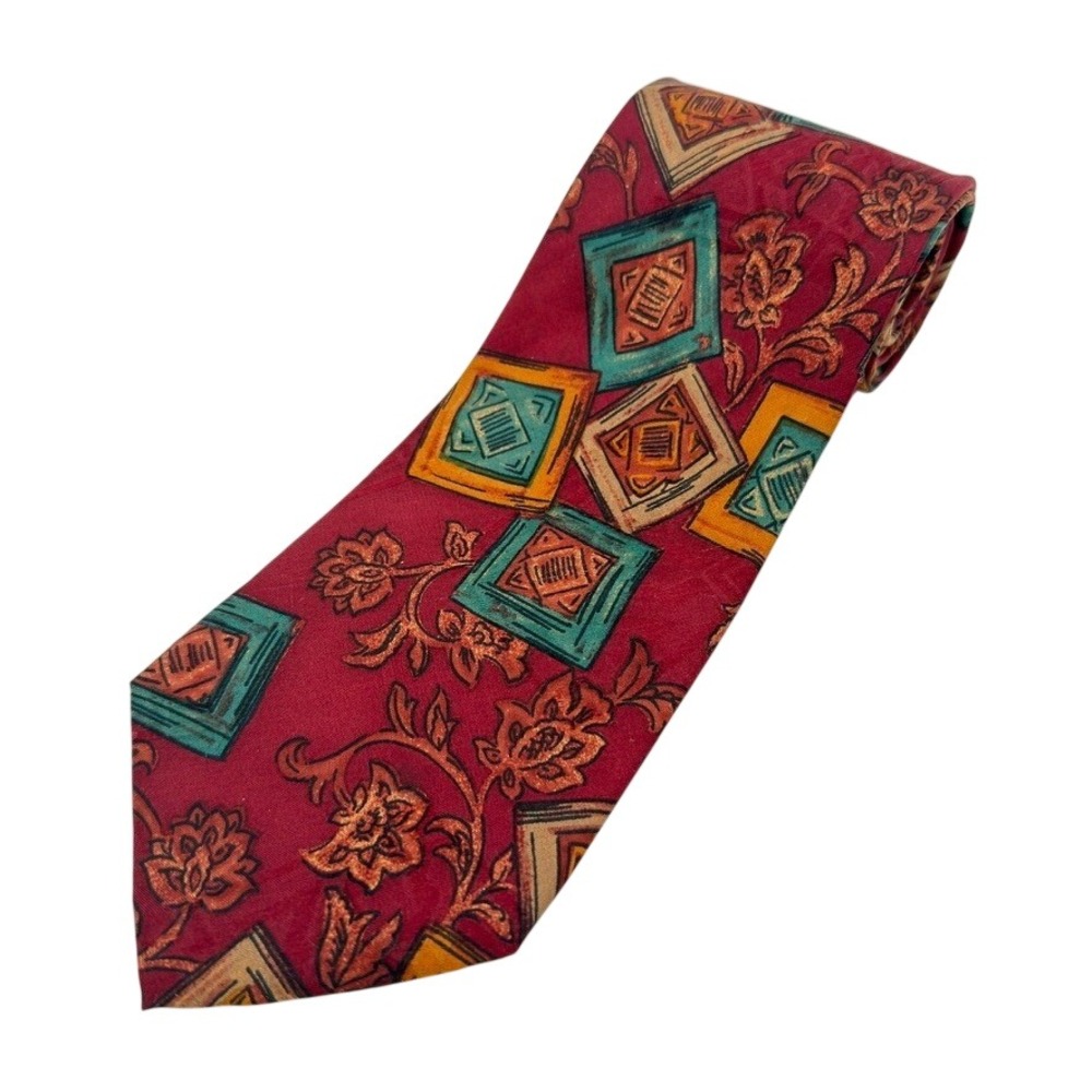 Cerruti 1881 Silk Tie Red Geometric Floral 90s Vintage USA‎